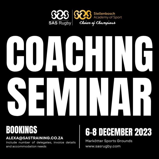 Join us for the prestigious annual SAS Rugby Coaching Seminar. We are honored to announce our esteemed lineup of speakers, which includes renowned figures such as Joe Shaw, Matt Proudfoot, Vlok Cilliers and Mike Friday, with more announcements to follow. 

DATE: 6-8 December 2023
LOCATION: Stellenbosch Academy of Sport

Secure your place by reaching out to Alexa via the provided email address above. 

#sasrugby #rugby #coach #coaching #rugbytraining #rugbysouthafrica